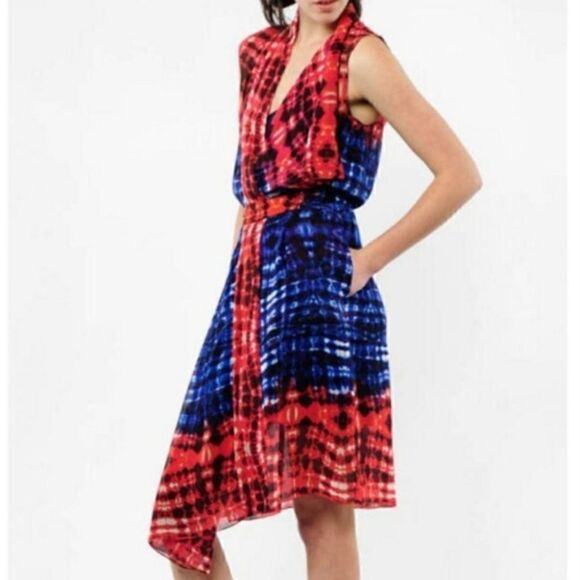 BCBGMAXAZRIA Isla Silk Persian Red Asymmetrical Self Tie Sleeveless Wrap Dress - Picture 1 of 12